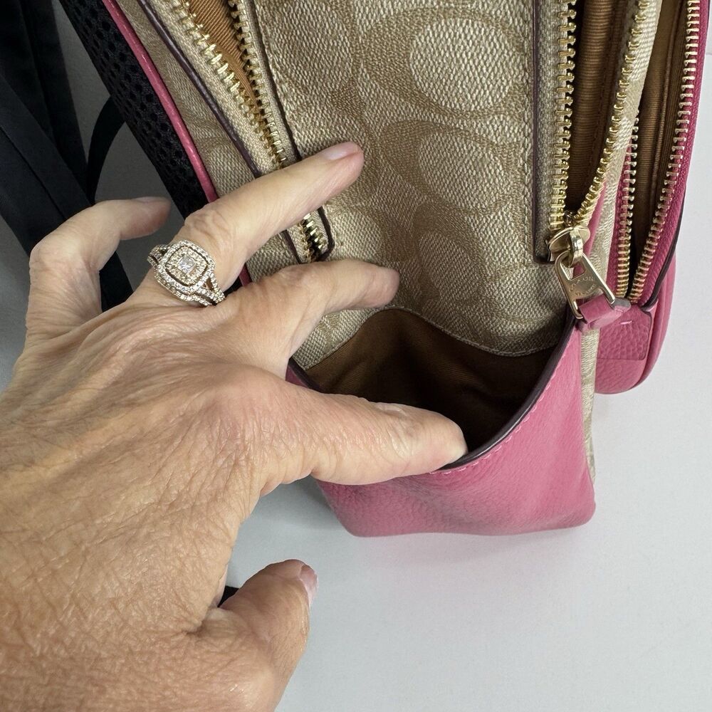 Coach Backpack Court Khaki Pink Saddle Signature Coated Canvas Leather EXC - Picture 9 of 13